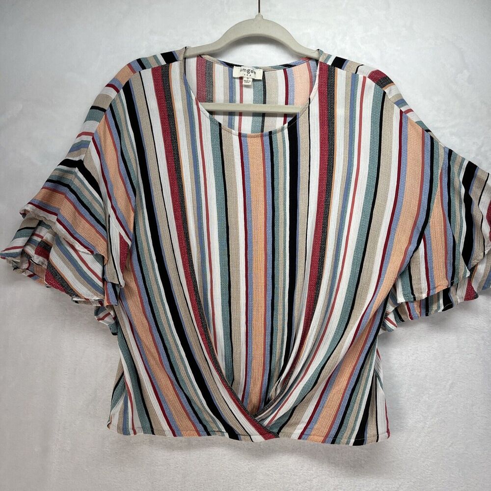 Umgee Striped Tiered Ruffle Sleeve Top Women’s Sz Small Crossover Front‎